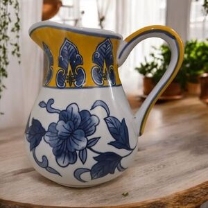 French Country Blue and Yellow Floral Ceramic Pitcher 7.5"x6" VTG